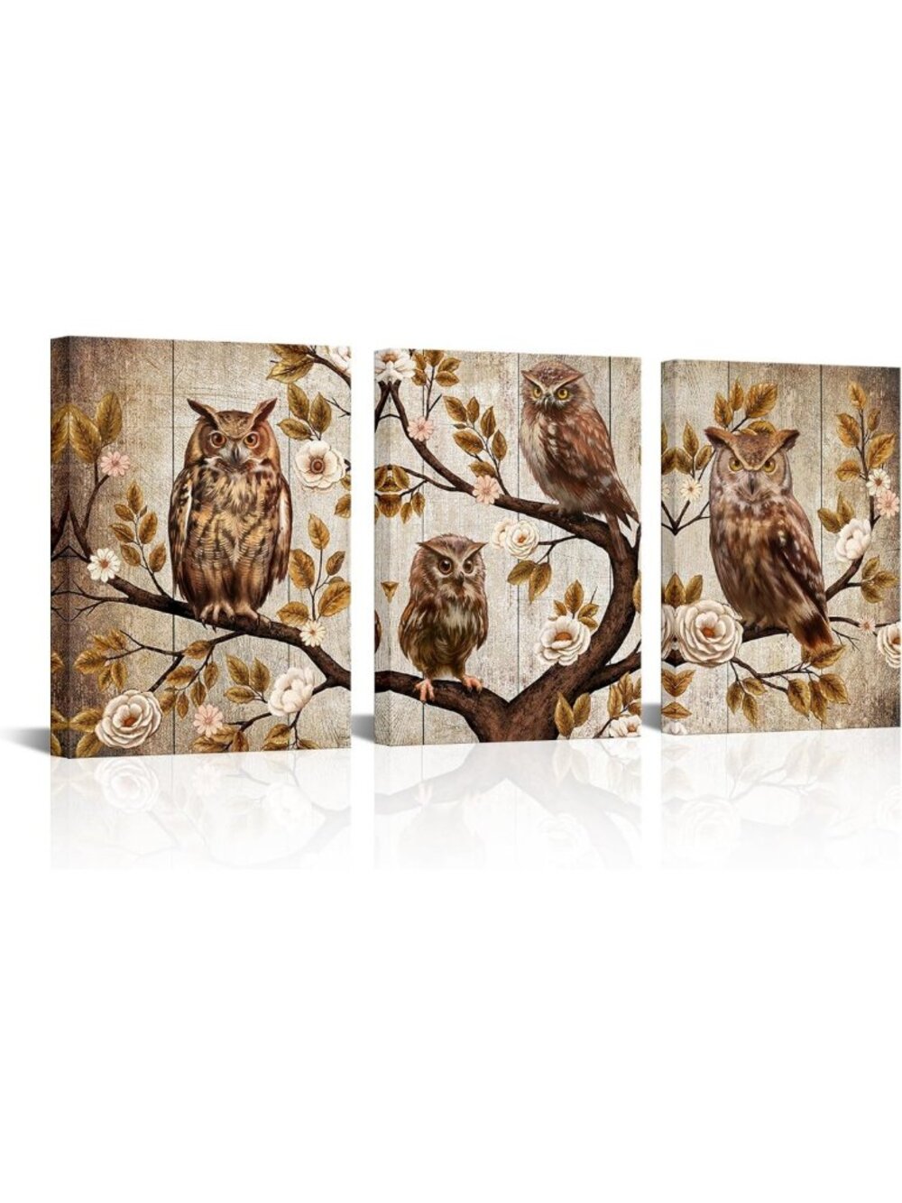 Owl Family Canvas Wall Art - Vintage Rustic 3 Panels for Living Room & Bedroom